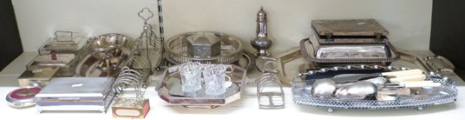 A large collection of plated ware including Mappin & Webb Art Deco twin-handled tazza, octagonal