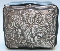 Hallmarked silver mounted leather trinket or jewellery box with repousse Reynolds Angels