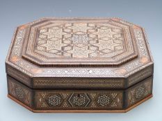 Vizagapatam or similar Eastern/Indian inlaid octagonal box with further similar decoration to inside
