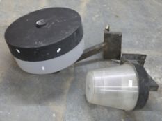 Two large retro industrial outside lights, diameter of larger 50cm