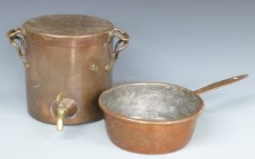 A 19thC copper and brass twin handled samovar or similar together with a copper pan, DP 1897 to