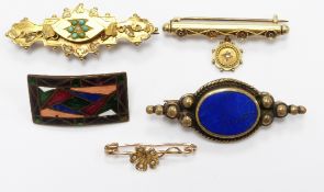 A 9ct gold brooch set with turquoise, Birmingham 1886 (3.3g), 15ct gold brooch set with a diamond,