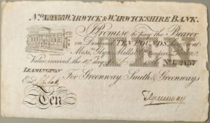 Warwick & Warwickshire Provincial ten pound bank note 1886, no tears or holes