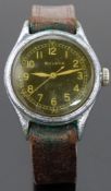 Bulova military style gentleman's wristwatch with white hands and Arabic numerals, railroad minute