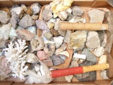 A collection of mineral samples including quartz, chalcopyrite, fuchsite etc
