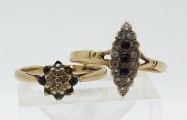 A 9ct gold ring set with a diamond and sapphires and a 9ct gold ring set with sapphires in a