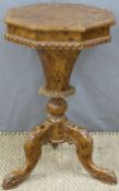 19thC burr walnut or similar workbox / sewing table and contents, width 42 x height 68cm