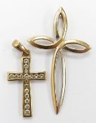A 9ct gold stylised cross (4cm) and a 9ct gold cross pendant set with cubic zirconia, 3.4g