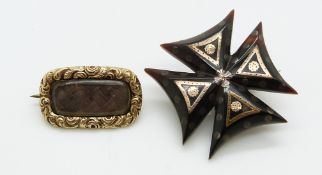 A 9ct gold Victorian mourning brooch set with hair and a tortoiseshell brooch