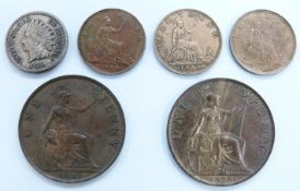 Victorian 1895 veiled head penny, normal tide, trident 2mm from P, EF - near unc, together with an