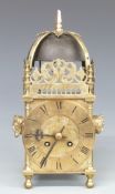 French 19thC brass lantern clock in earlier style, with masked decoration to sides and Japy Freres