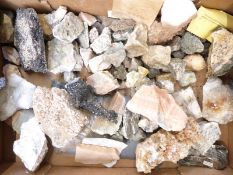 A collection of mineral samples including calcite, quartz, sphalerite, gypsum etc