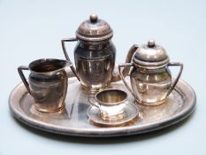 Austrian white metal miniature or dolls' house tea set on tray with Austrian W 4 800 grade silver