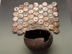 Ceramic art pottery abstract globe (36cm diameter) together with a tiled panel, 50 x 66cm
