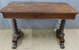 19thC rosewood library table with two frieze drawers, raised on barley twist legs, L106 x D56 x