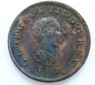 George III 1806 copper halfpenny, unc with toning and lustre