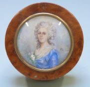 A 19th or early 20th century burr wood box, the top set with a portrait miniature of a lady in