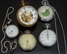 Five keyless winding pocket and stop watches including Smiths, Westclox, Ingersoll and a gold plated