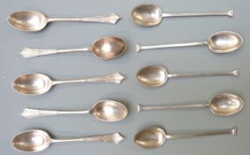 Two sets of five hallmarked silver teaspoons, one with seal type finials, Sheffield 1924 maker