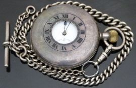 Silver keyless winding half hunter pocket watch with inset subsidiary dial, seconds dial, blued