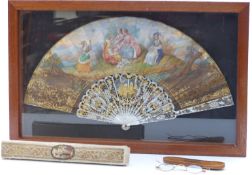 A mother-of-pearl fan in framed glass display case, together with original box for Pedro Vergez