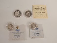 Four silver coins comprising two Guernsey proof £1 examples, a Cook Islands 5 Dollars and a Barbados