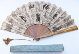 Sturrock & Sons 19thC fan, the silk panel printed with German scenes, in original box marked