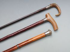 Three white metal or similar mounted walking sticks or canes, two having horn handles