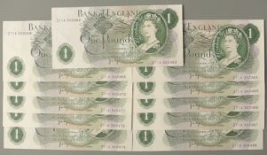 Eleven Elizabeth II Governor J B Page Bank of England £1 notes, all uncirculated, clean and crisp,
