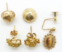 A pair of 9ct gold earrings, other 9ct gold earrings, 3.6g