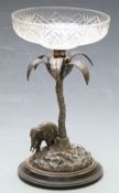 19th century silver plated centrepiece having cut glass bowl supported on a palm tree with
