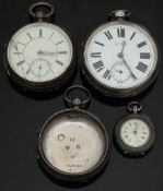 Two hallmarked silver open faced pocket watches both with subsidiary seconds dials, silver hands,