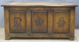 Oak three panel trunk with carved decoration, W108 x D40 x H53cm