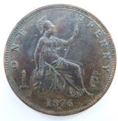 Queen Victoria 1876 bun head bronze penny, Heaton Mint, H in exergue, unc, toned
