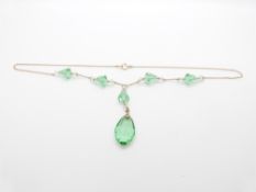 Art Deco 9ct gold necklace set with green and clear paste, 25.5cm drop