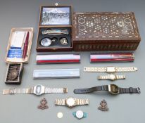 Parker 45 pen with 14ct gold nib, in original box, mother-of-pearl inlaid box, width 24cm, badges,