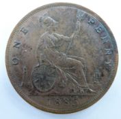 Queen Victoria 1885 bun head bronze penny, OT, toned, EF+, small die crack to neck obverse