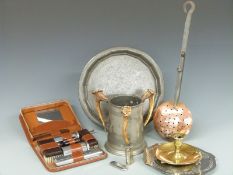 Quantity metalware including large horn mounted pewter tyg mug, hammered pewter tray, travelling