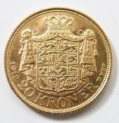 Frederik VIII 1912 Danish gold 20 Kroner coin, 8.98g
