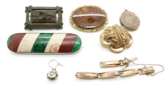 Victorian agate brooch, Victorian locket, yellow metal watch strap, jet brooch, Victorian agate