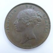 Queen Victoria 1846 copper penny, OT close colon after DEF, EF+ - unc, some lustre