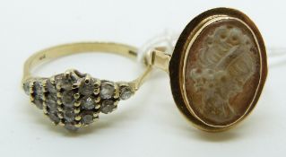 A 9ct gold ring set with a cameo and a 9ct gold ring set with cubic zirconia