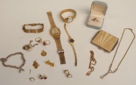 Two 9ct gold rings, silver bracelet, guiloché enamel compact, costume jewellery, watches etc