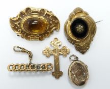 Victorian yellow metal brooch set with a foiled cabochon, Victorian 9ct gold cross, gold plated