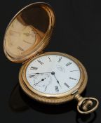 Waltham gold plated keyless winding full hunter pocket watch with black Roman numerals, inset