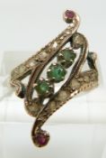 A rose gold ring set with emeralds, rubies and diamonds (size P)