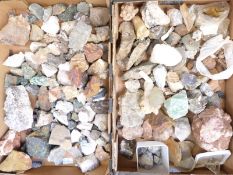 A collection of mineral samples including stalactite, rock crystal, chalcopyrite etc