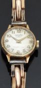 Corvette 9ct gold ladies wristwatch with gold hands and Arabic numerals, silver dial and 17 jewel