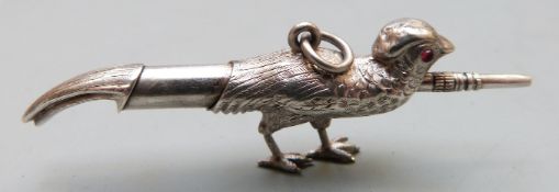 Possibly Sampson Mordan white metal novelty pheasant pencil, maximum length 5.5cm