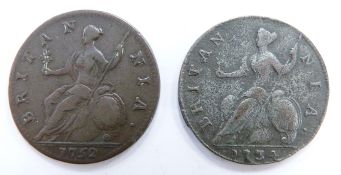 George II 1734 young head half penny, together with a 1752 older head example, both GF/NVF
